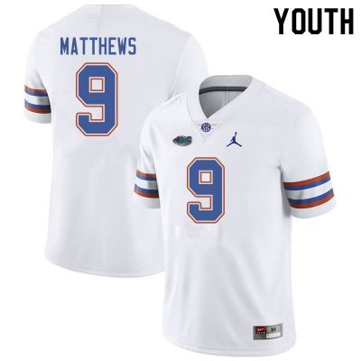 Youth Florida Gators #9 Luke Matthews NCAA Jordan Brand White Authentic Stitched College Football Jersey IRO4662BO